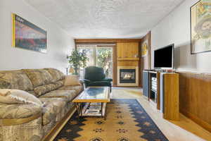 Living room with wood walls, a glass covered fireplace, light wood-style floors, and a textured ceiling