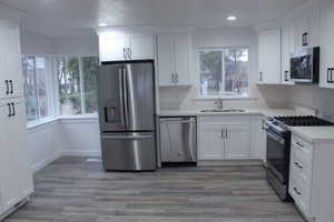 Kitchen with stainless steel appliances, white cabinets, dark wood-style floors, and recessed lighting