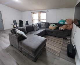 Living area featuring a textured ceiling and wood finished floors