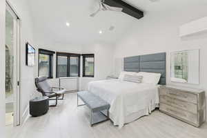 Bedroom with beamed ceiling, ceiling fan, recessed lighting, high vaulted ceiling, and a wall mounted AC