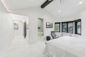 Bedroom featuring a ceiling fan, recessed lighting, and ensuite bath