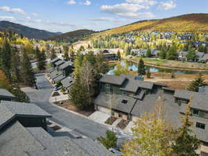 Aerial view of residential area with a water and mountain view