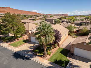 Aerial perspective of suburban area with mountains