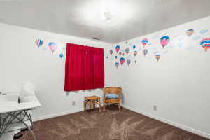 Living area with carpet floors and a textured ceiling