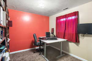 Home office with light carpet and a textured ceiling