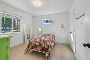 Bedroom with multiple windows and light wood-type flooring