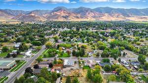 Aerial view of residential area with mountains