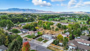 Aerial perspective of suburban area featuring mountains