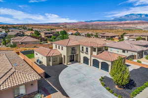 Aerial view of residential area with a mountain backdrop