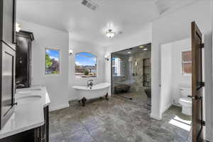 Bathroom featuring a shower stall, a soaking tub, and double vanity