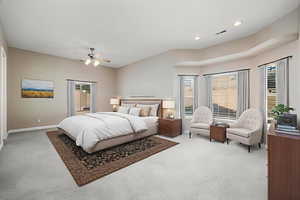 Bedroom featuring recessed lighting, a ceiling fan, and carpet flooring