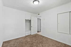 Unfurnished bedroom with crown molding, light colored carpet, and a closet