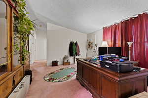 Office area featuring a textured ceiling, light colored carpet, and lofted ceiling
