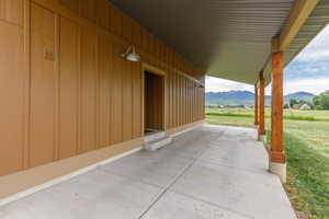 View of patio / terrace featuring a mountain view