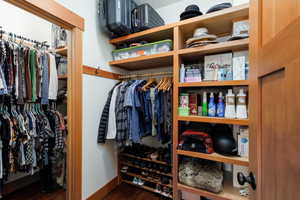 Spacious closet with dark wood-style flooring