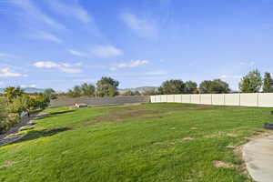 Fenced backyard with a mountain view