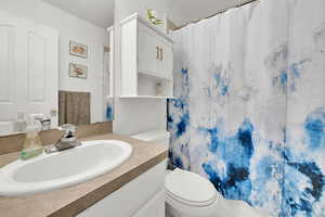 Full bath with vanity and a shower with curtain