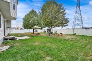 Fenced backyard featuring a playground