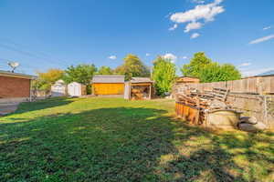 Fenced backyard featuring a shed