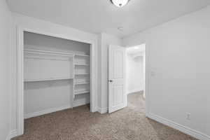 Basement bedroom featuring fresh paint, closet, and carpeted flooring
