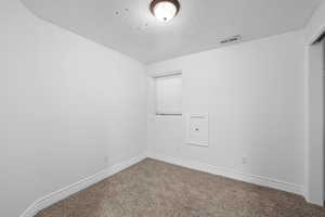 Basement bedroom featuring fresh paint, closet, and carpeted flooring
