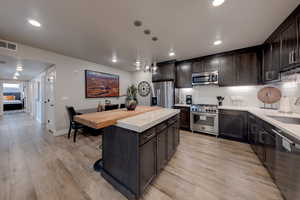 Kitchen featuring backsplash, dark brown cabinetry, a kitchen island, stainless steel appliances, and recessed lighting