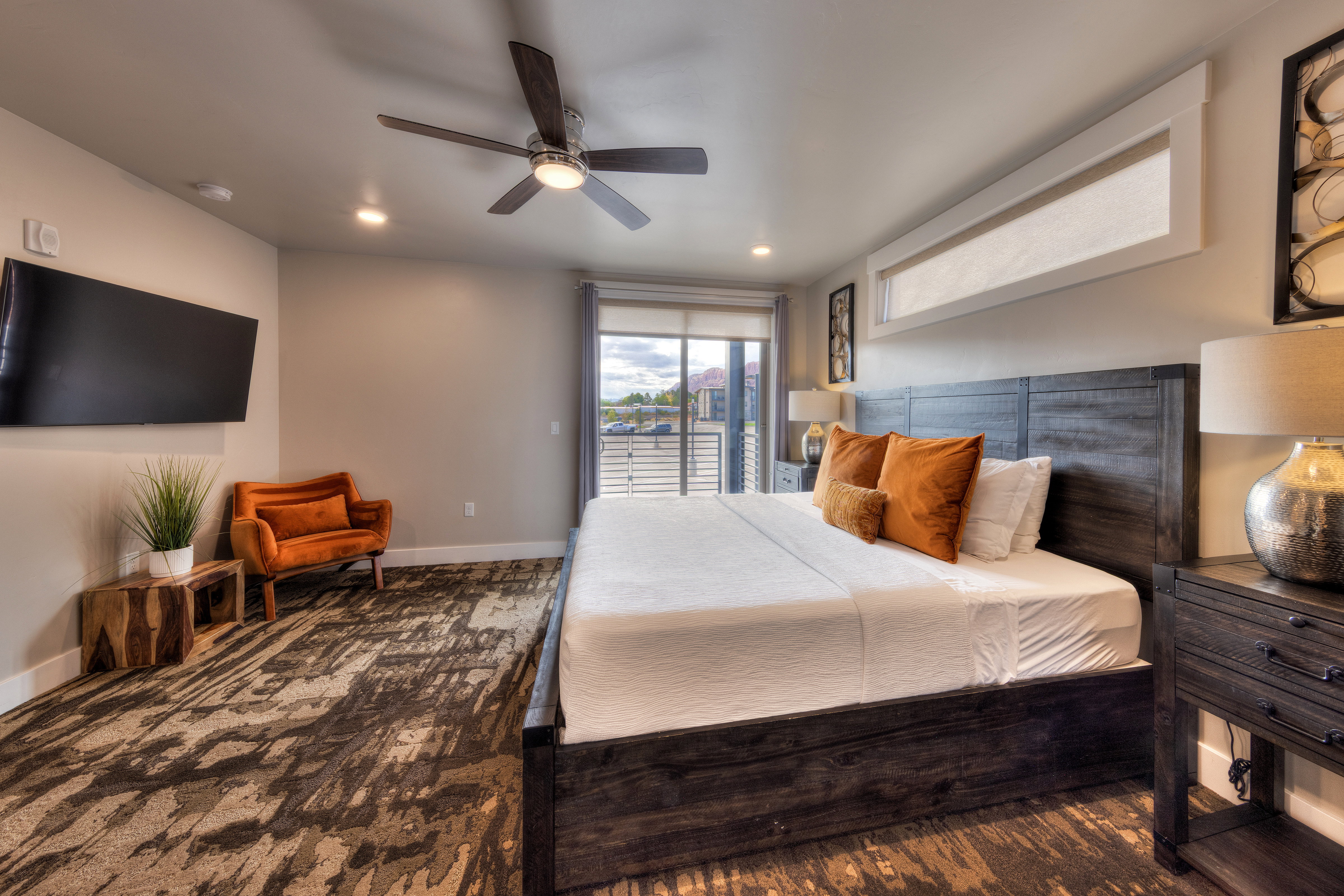 Bedroom featuring access to outside, ceiling fan, and recessed lighting