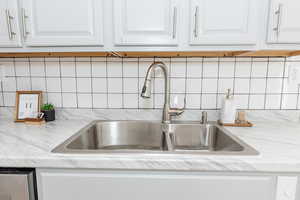 Kitchen view of white cabinets and backsplash