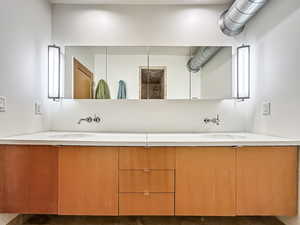 Bathroom featuring double vanity and a tile shower