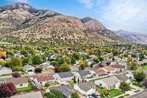 Aerial perspective of suburban area featuring mountains