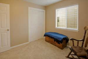 Bedroom with carpet flooring and a closet