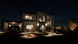 Contemporary home with an attached carport, stucco siding, and a balcony