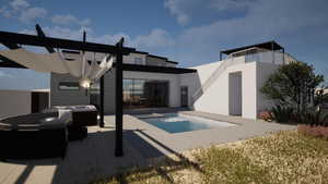 Rear view of house featuring a patio area, a jacuzzi, an outdoor pool, and stucco siding