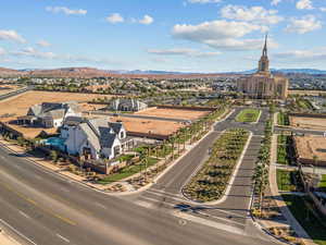 Aerial perspective of suburban area featuring mountains