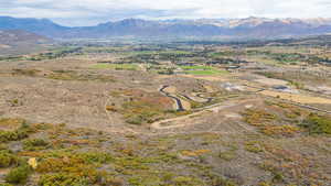 Overview of rural landscape featuring mountains