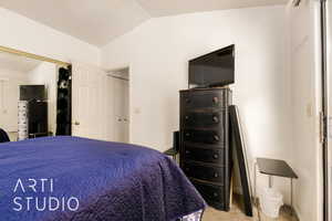 Bedroom featuring a closet, light colored carpet, and lofted ceiling