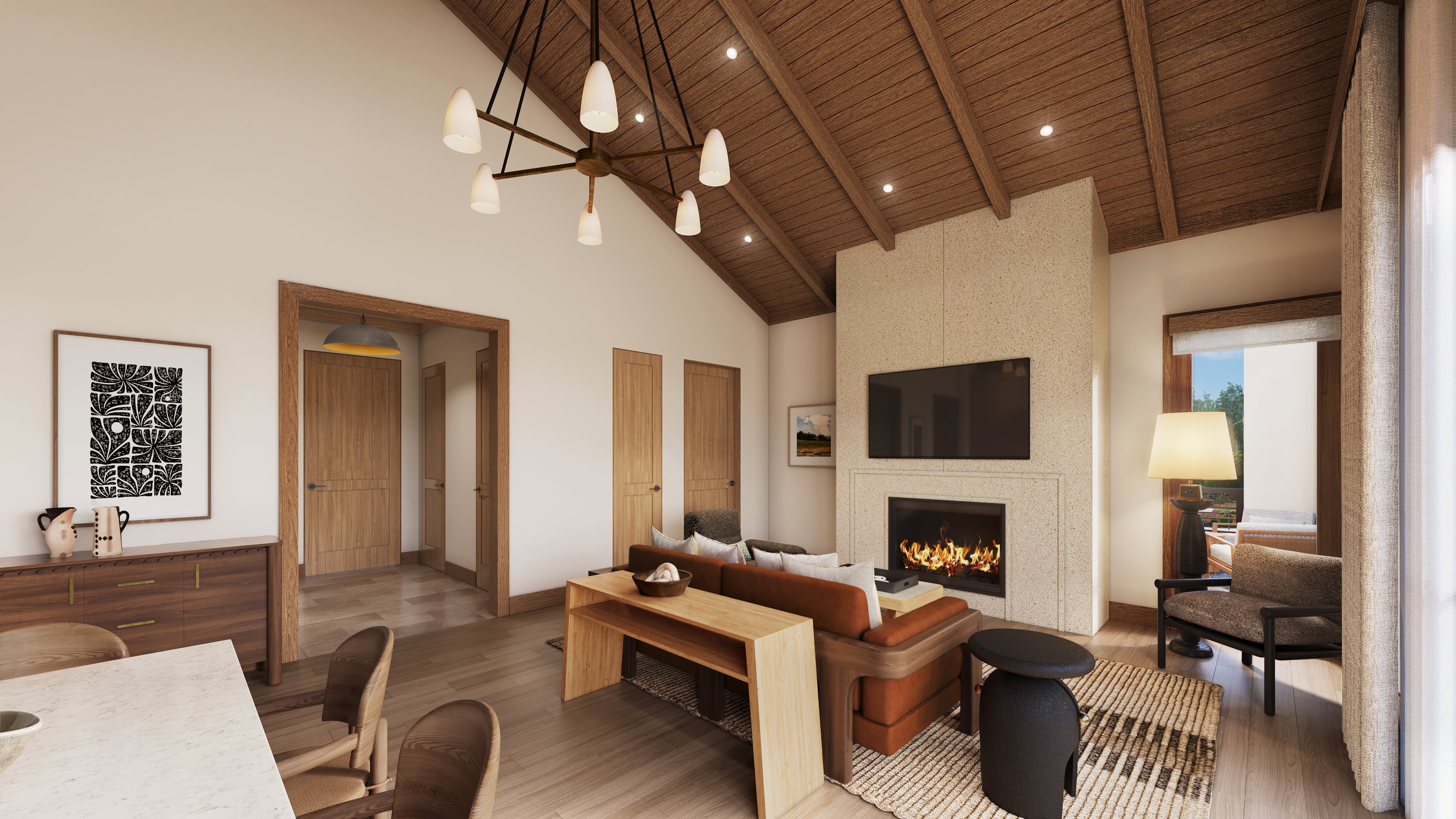 Living room with high vaulted ceiling, a wooden ceiling with exposed beams, wood finished floors, a fireplace, and recessed lighting