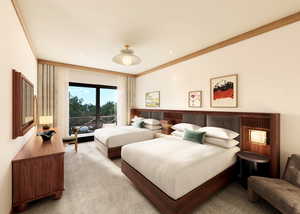 Carpeted bedroom featuring access to outside and crown molding