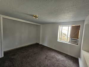 Spare room featuring dark carpet, a textured ceiling, and a baseboard heating unit