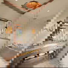 Bathroom featuring walk in shower, tile patterned floors, connected bathroom, crown molding, and recessed lighting