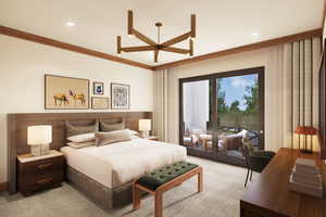 Bedroom featuring ornamental molding, access to exterior, and recessed lighting