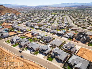 Aerial perspective of suburban area with mountains