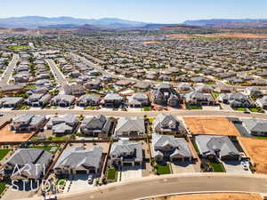 Aerial view of residential area with mountains