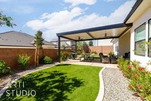 Fenced backyard featuring ceiling fan, a patio area, and an outdoor living space