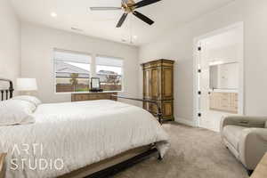 Bedroom featuring light carpet, recessed lighting, and ceiling fan