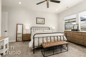 Bedroom featuring recessed lighting, carpet, and ceiling fan