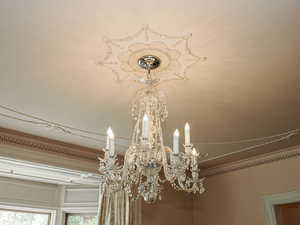 Detailed view of ornamental molding and a chandelier