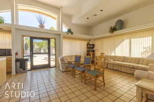 Community lobby with a towering ceiling