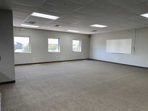 Spare room featuring healthy amount of natural light, a drop ceiling, and carpet floors