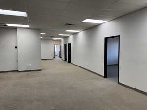 Unfurnished room featuring a paneled ceiling and light carpet